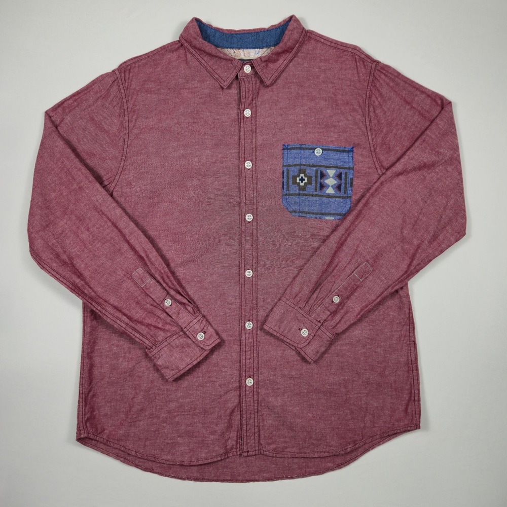 Modern Amusement Men's XL Maroon Linen Blend Button Down Aztec Pocket‎ Shirt